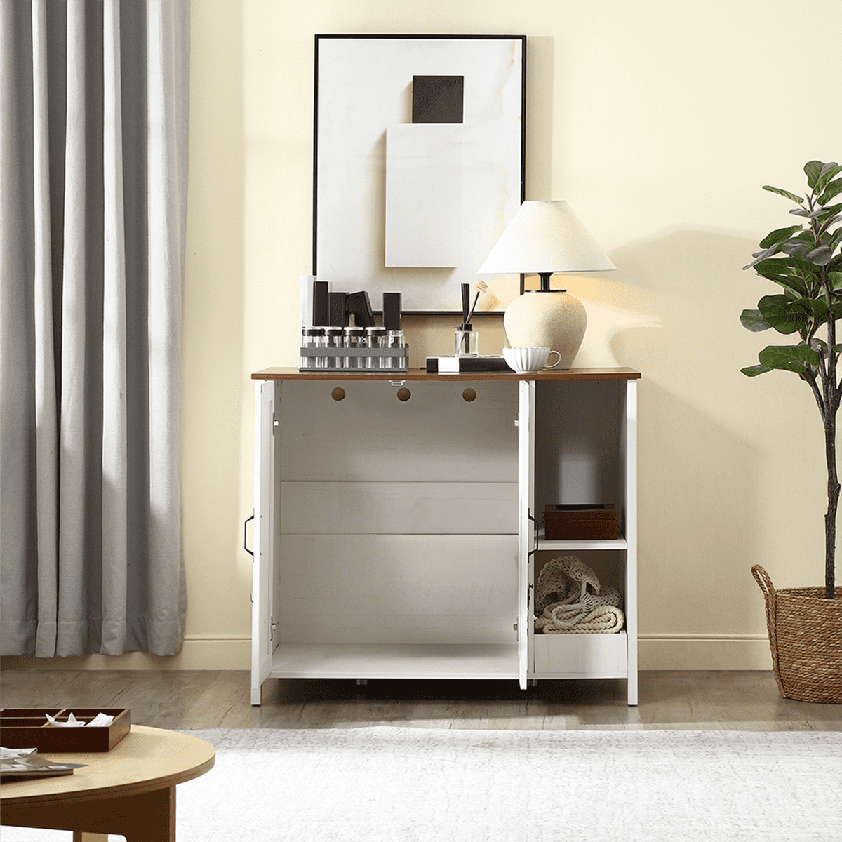 Litter Enclosure with Litter Collector, Litter Cabinet with Dog-Proof Adjustable Shelf, (Antique White)