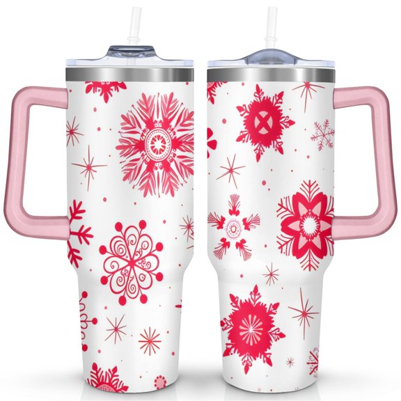 White Red Snowflakes 40 Oz Tumbler with Handle Lid and Straw Stainless Steel Double Walled Vacuum Insulated Cup Merry Christmas Gifts Tumbler for Women Men Friends Outdoor Indoor