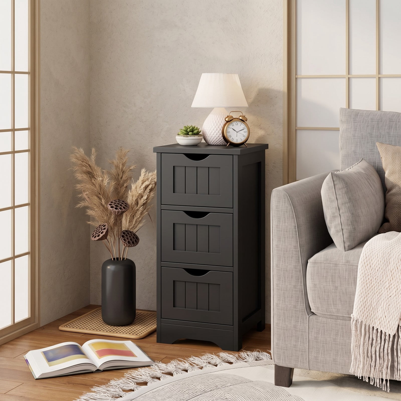 Fenbeli Bathroom Floor Storage Cabinet with 3 Drawers, Freestanding Slim MDF Organizer Tower for Small Bathroom Bedroom, Space-Saving Nightstand Side End Table, Black