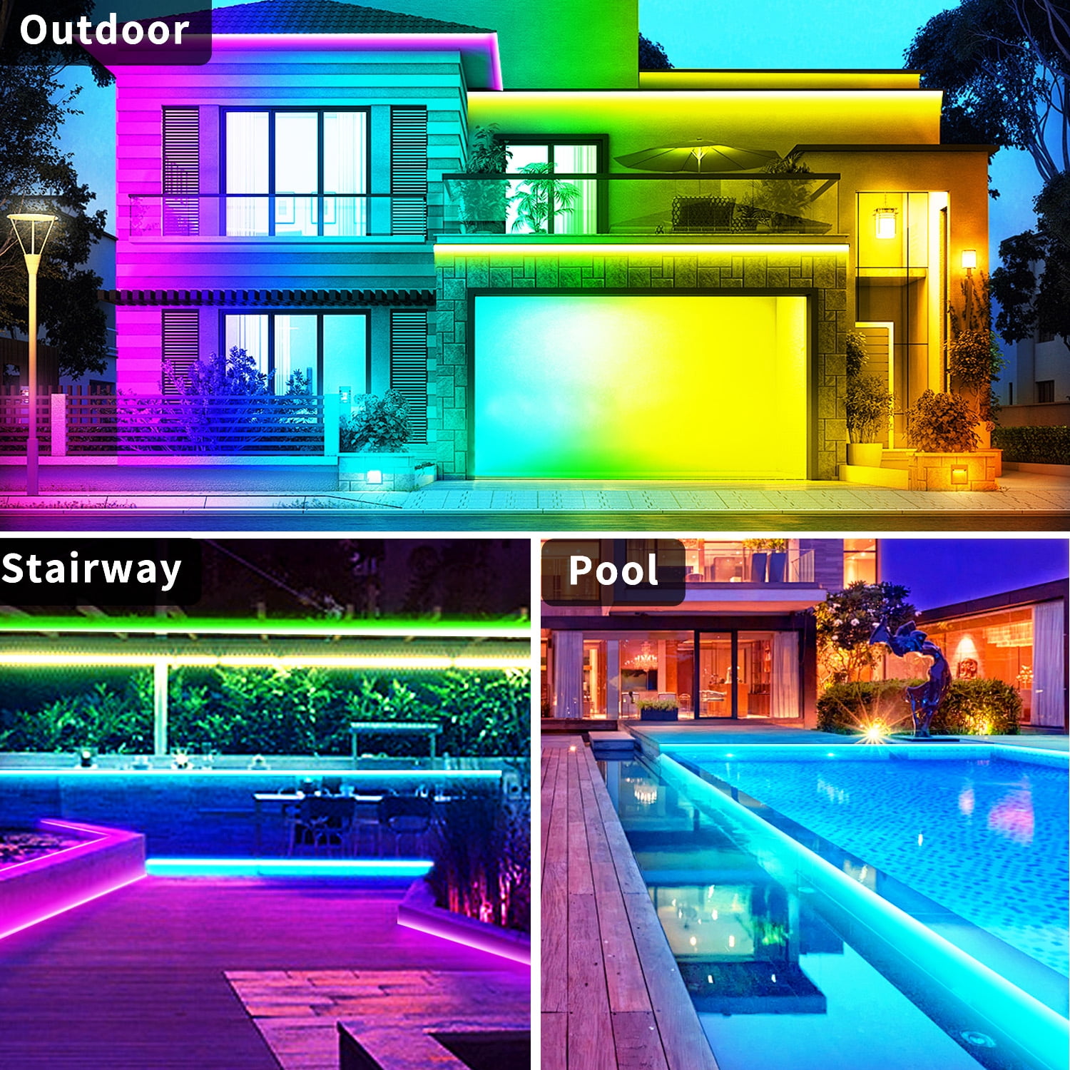 50Ft Outdoor Waterproof LED Strip Lights,Music Sync RGB IP68 Led Lights with App and Remote Control,Color Changing Waterproof RGB Exterior Rope Self Adhesive Back,Balcony,Roof,Garden,Party