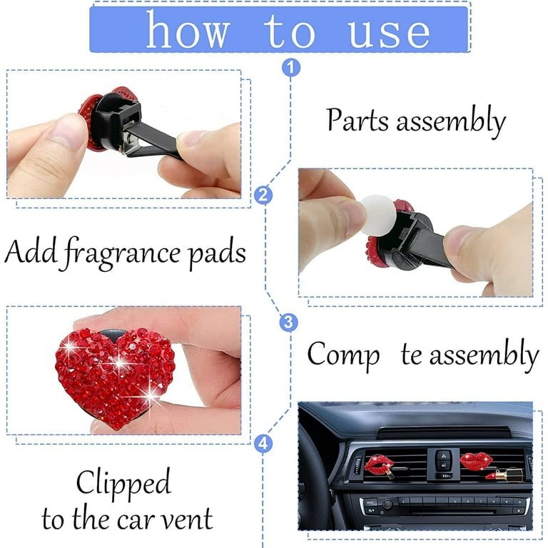 2Pcs Bling Crystal Heart Car Vent Clips – Pink Rhinestone Air Vent Decoration For Women & Men (No Fragrance Included)