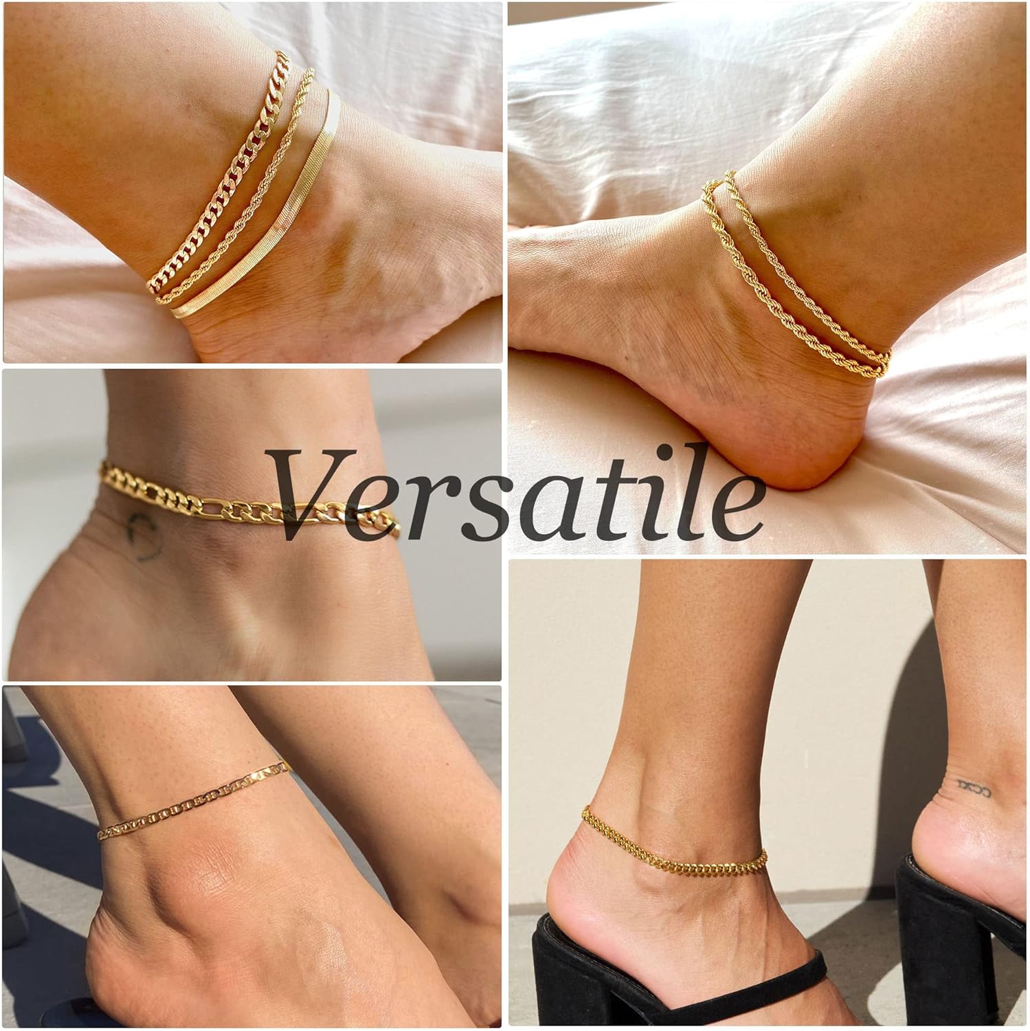 Gold Ankle Bracelets for Women Waterproof - Dainty 6Pcs 14K Gold Plated Anklets Layered Cuban Link Chain Herringbone Cute Anklets Set Pack Summer Beach Jewelry Gift for Women Teen