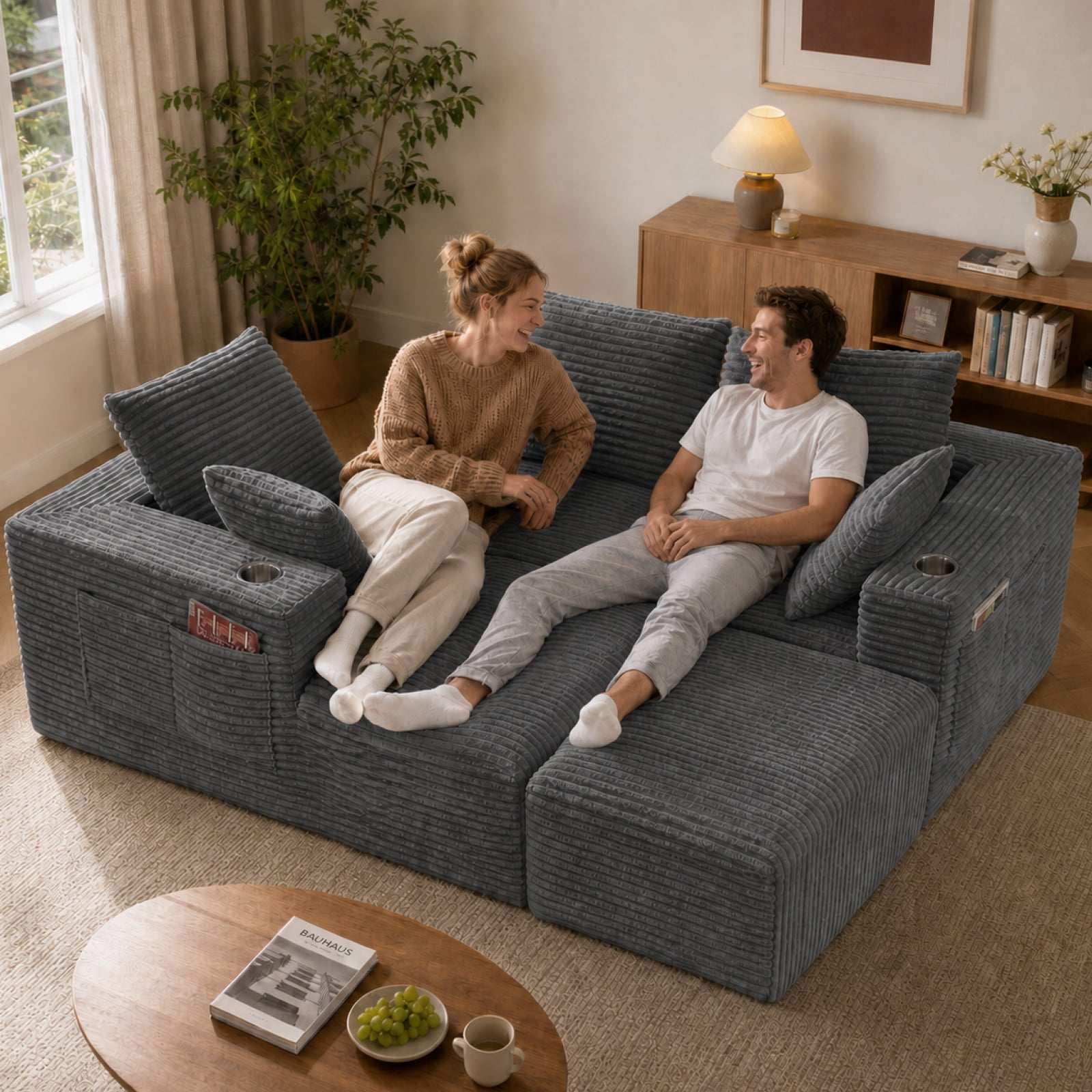 95'' 4 Seater Boneless L Shape Modular Sofa Couch with 4 Pillows, 2 Cup Holders and Ottoman