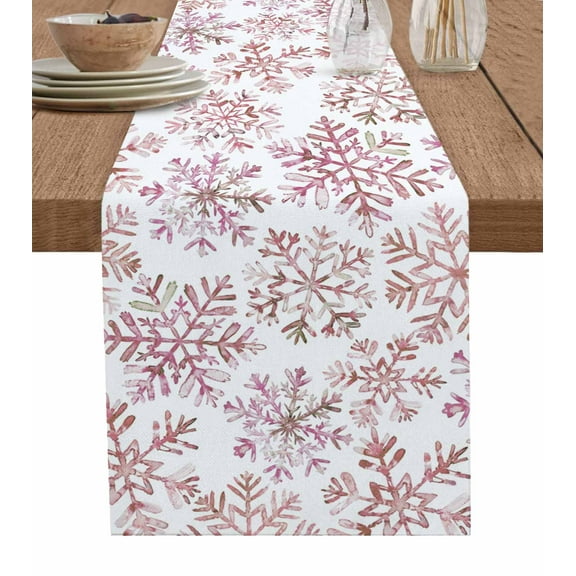 Pink Christmas Burlap-Cotton Table Runner 90 Inches Long,Xmas Snowflake Simple White Farmhouse Table Runners,Outdoor Dining Tablecloths Decor for Baby Shower Party Wedding 13x90