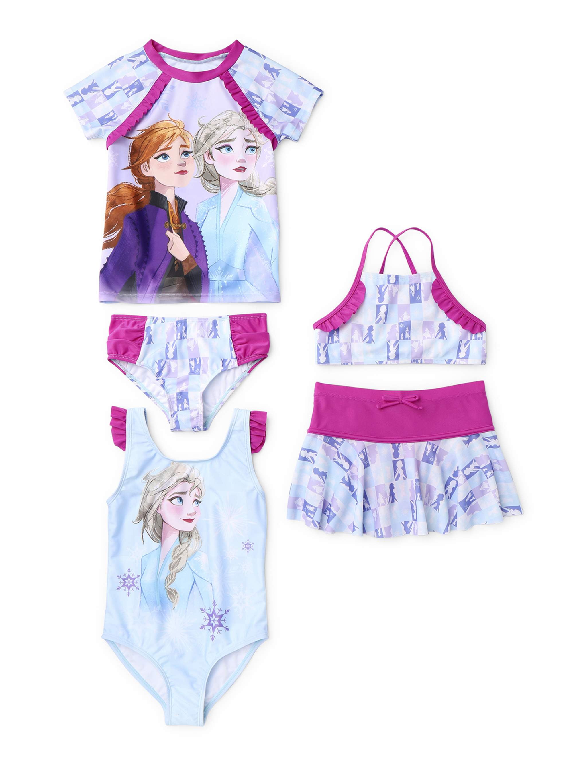 Disney Frozen Elsa Anna 5 Piece Swimsuit Set Rash Guard Bikini Skirt One-Piece 