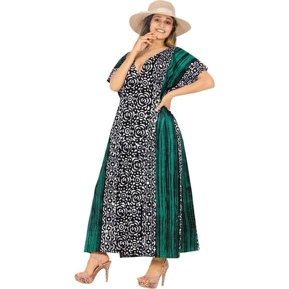 HAPPY BAY Women's Summer Batik Caftan Long Loungewear Dashiki House Dress V Neck Kaftan Sleepwear for Women Nightgown 3X-4X Sea Green, Floral