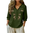 thumbnail image 2 of CLOISE Womens Work Blouses 3/4 Sleeve Plus Size Embroidery T Shirts Loose Floral V Neck Pullover Cotton Linen Casual Fall Tops Army Green M, 2 of 6