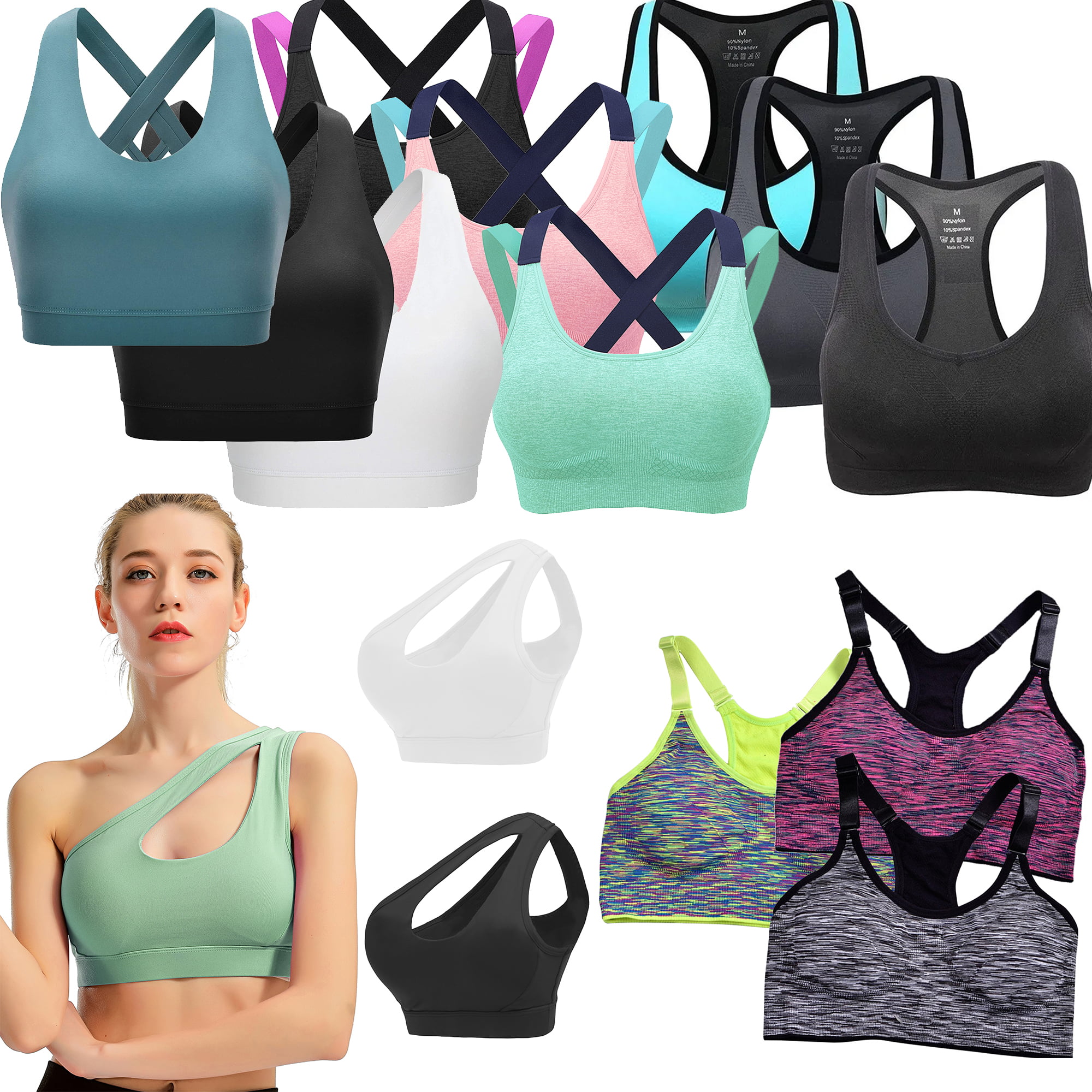Elbourn 3PC One Shoulder Sports Bra Removable Padded Yoga Top Post