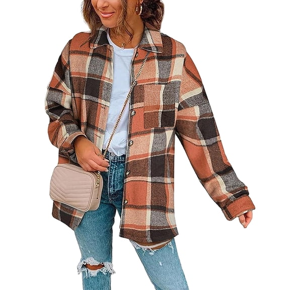 Zeagoo Oversized Plaid Flannel Jacket Button Down Long Sleeve Coat Orange XL