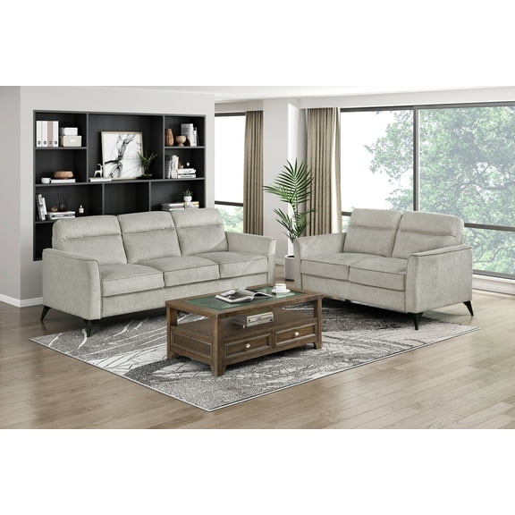 Modern Tan Microfiber 2pc Living Room Sofa Set: Comfortable 5-Seat Sofa & Loveseat with Black Metal Legs for Contemporary Spaces