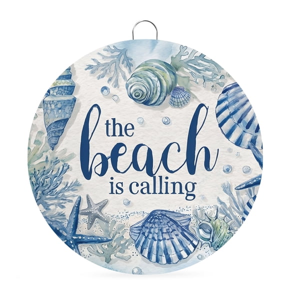 Round Welcome Sign for Front Door, Blue Beach Coastal Hanging Metal Farmhouse Wall Decor for Porch Entryway, Summer Starfish Shell Coral Decoration for Holiday Housewarming Gift, 6 in