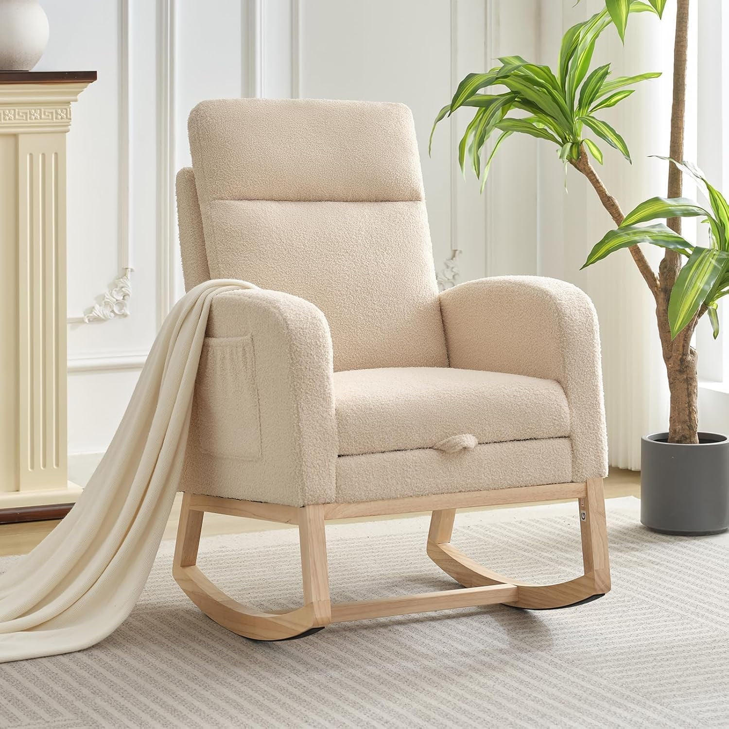 TEQIN Rocking Chair with Foot Rest, Modern Upholstered Reading Glider Rocker Accent Armchair with High Backrest, Rocker Glider Chair With Padded Seat, Side Pocket for Living Room, Bedroom