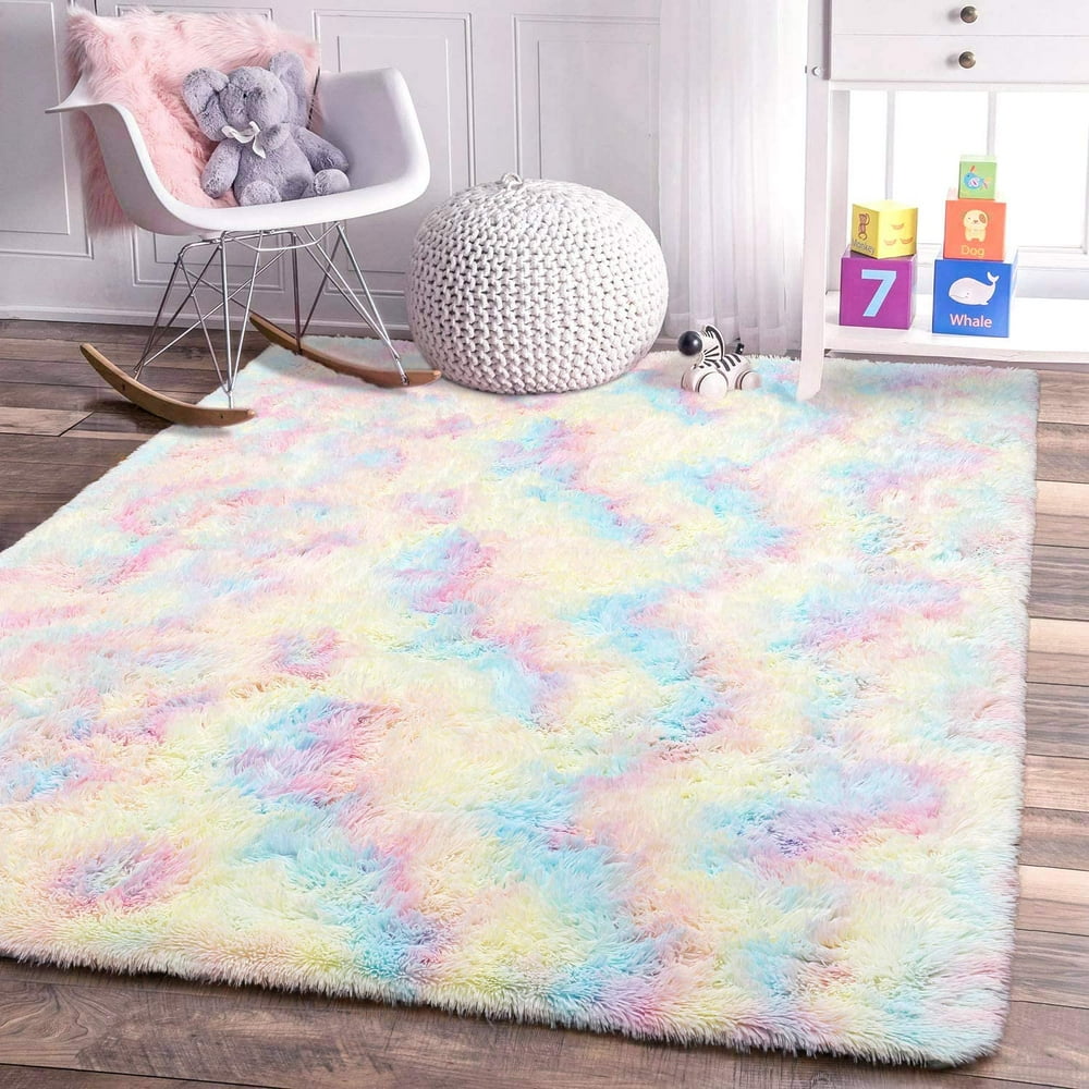 Fluffy Colorful Shag Area Rug Rainbow Plush Carpet for Kids Girls
