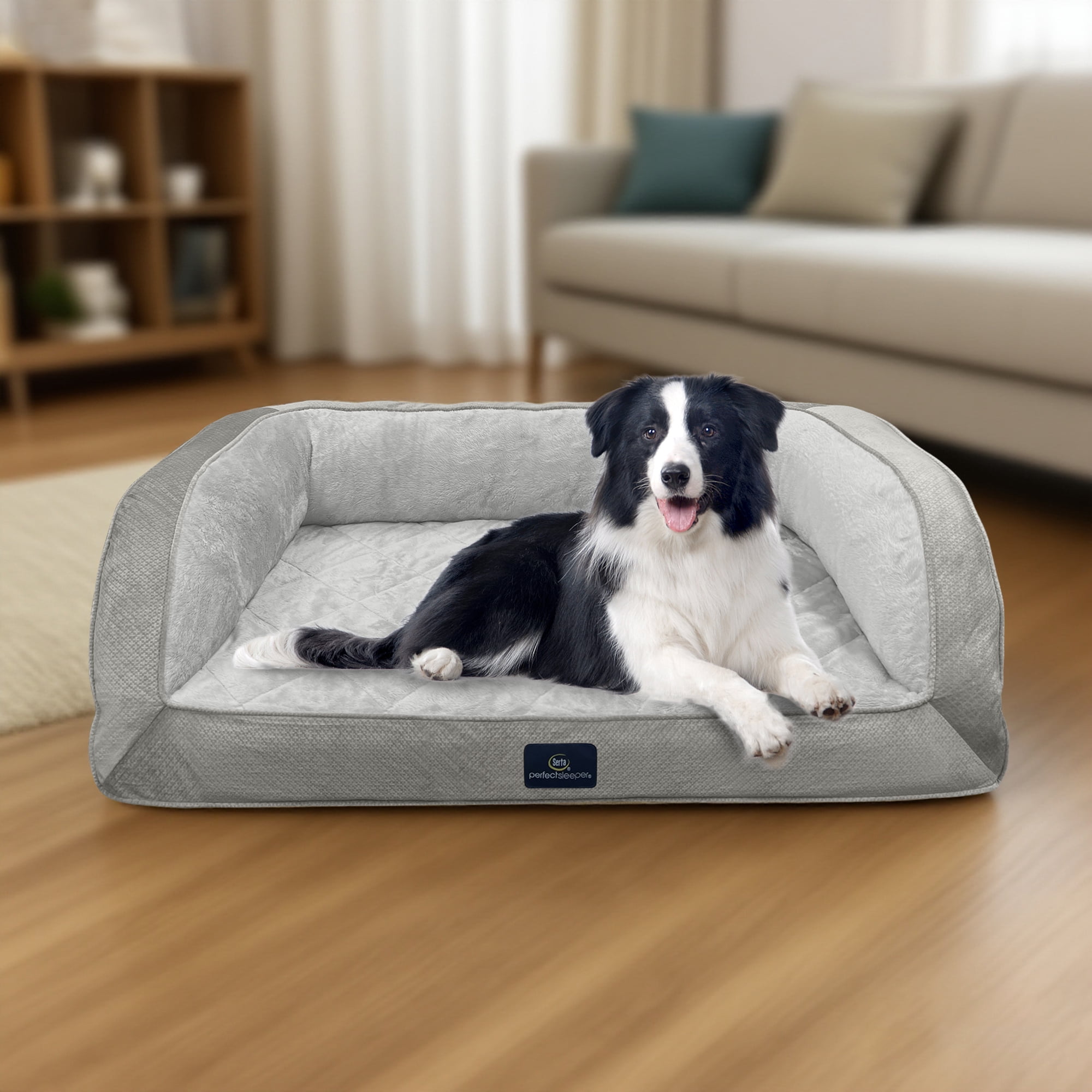 Serta Quilted Orthopedic Bolster Couch Cat & Dog Bed, Gray, Extra Large