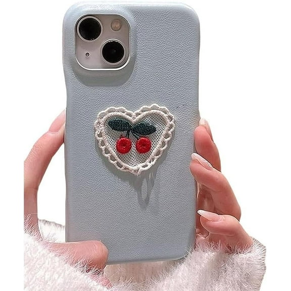 Designed for iPhone Case,Luxury PU Leather Embroidery Love Heart Cherry Shockproof Protective Cover Phone Case (iPhone 12 Pro,Blue)