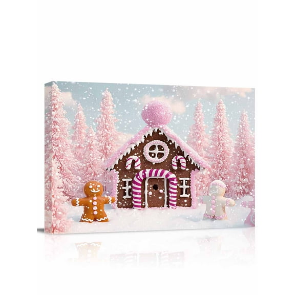Pink Christmas Tree Canvas Print Wall Art Framed Canvas Art Wall Decor Xmas Ginger Bread Man House Dreamy Snow Pictures Painting Morden Artwork for Living Room Bedroom, Ready to Hang - 12"x16"