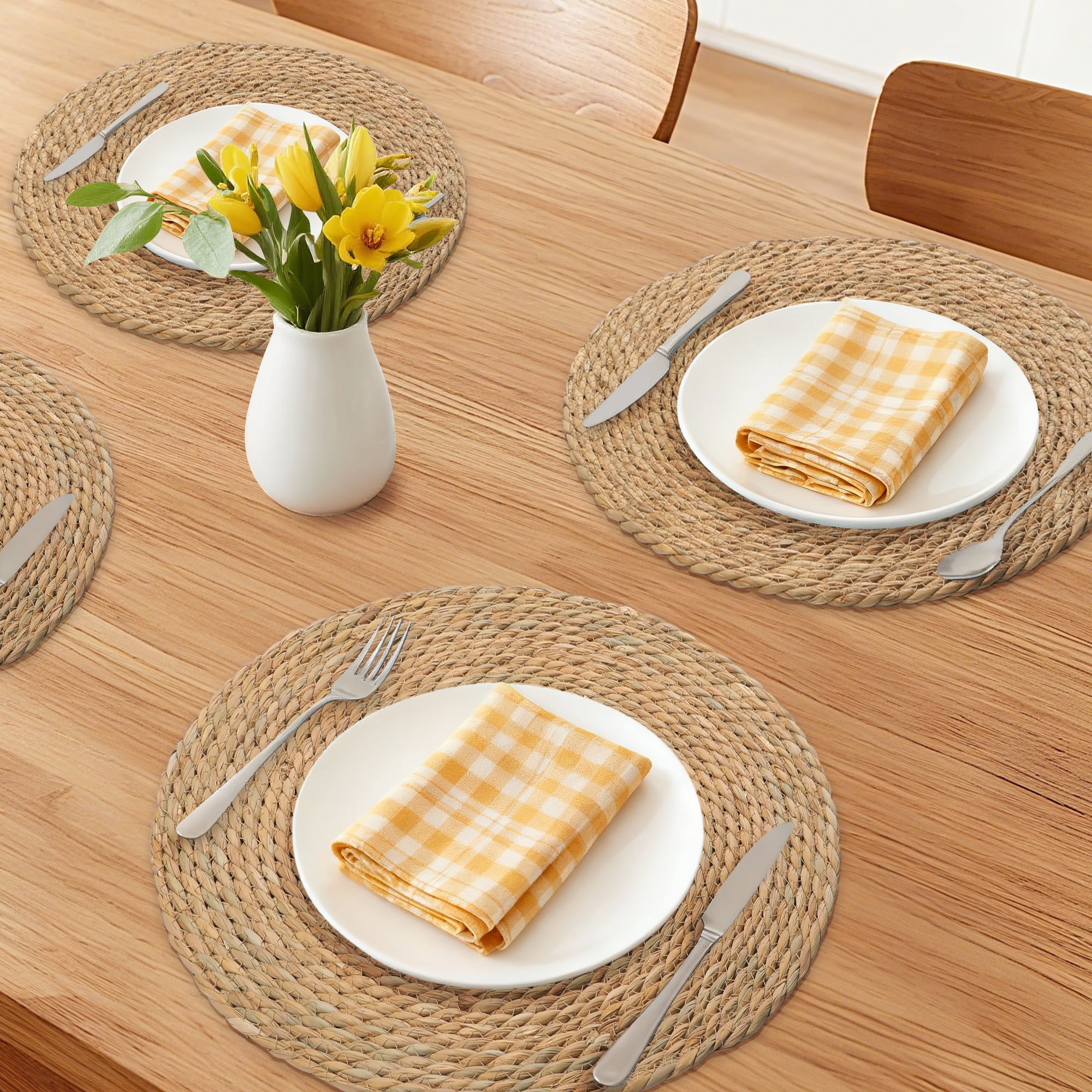 Unique Bargains Set of 6 Farmhouse Straw Woven Placemats Brown 15inch