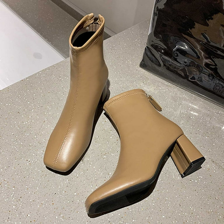 Jsaierl Women's GoGo Ankle Boots Square Toe Side Zipper Chunky