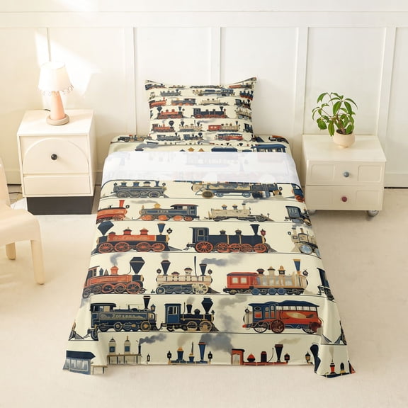 Castle Fairy Vintage Classic Antique Steam Train Twin Sheet Sets 3pcs for Boys, Retro Locomotive Bedding for Bedroom, Navy Red