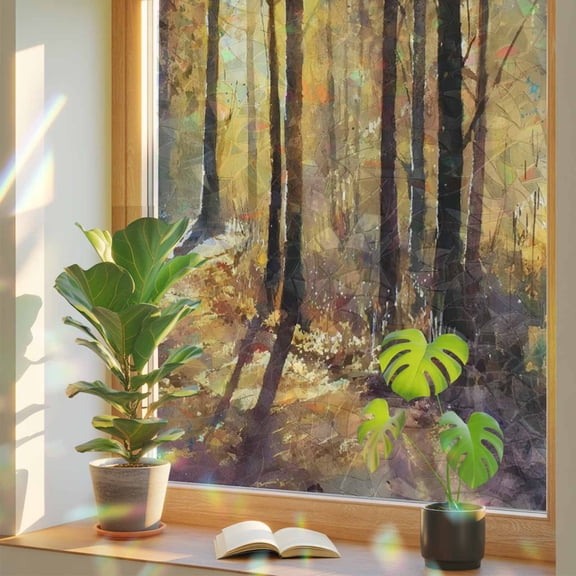 Nature Forest Window Privacy Film, Autumn Woods Falling Leaves Warm Brown Path Stained Glass Rainbow Film Decorative Window Clings, Static Cling Sun Blocking Stickers 23.6" x 59"
