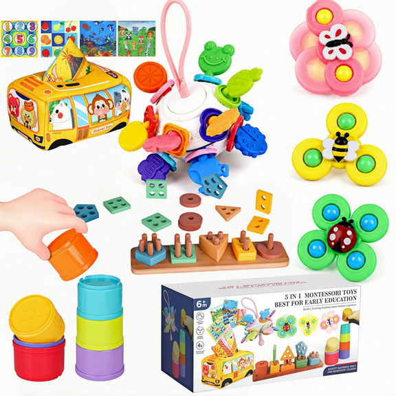 Biiend 5-in-1 Montessori Toys Set for 6-12 Months, Early Education Stacking Toys for Babies