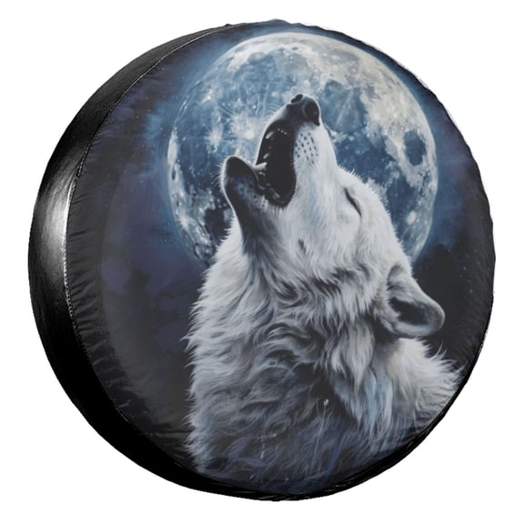KAKALAD White Wolf Howling At The Moon 01 Spare Tire Cover Universal Vehicle Accessories Buckle Car Tools 14”in