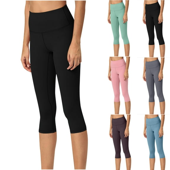 safuny Women's Slim Yoga Capris Legging Athletic Solid Color Clearance Holiday High Waisted Comfy Stretch Pants Fashion Casual Workout Running Cycling Trousers Teen Girls Black L