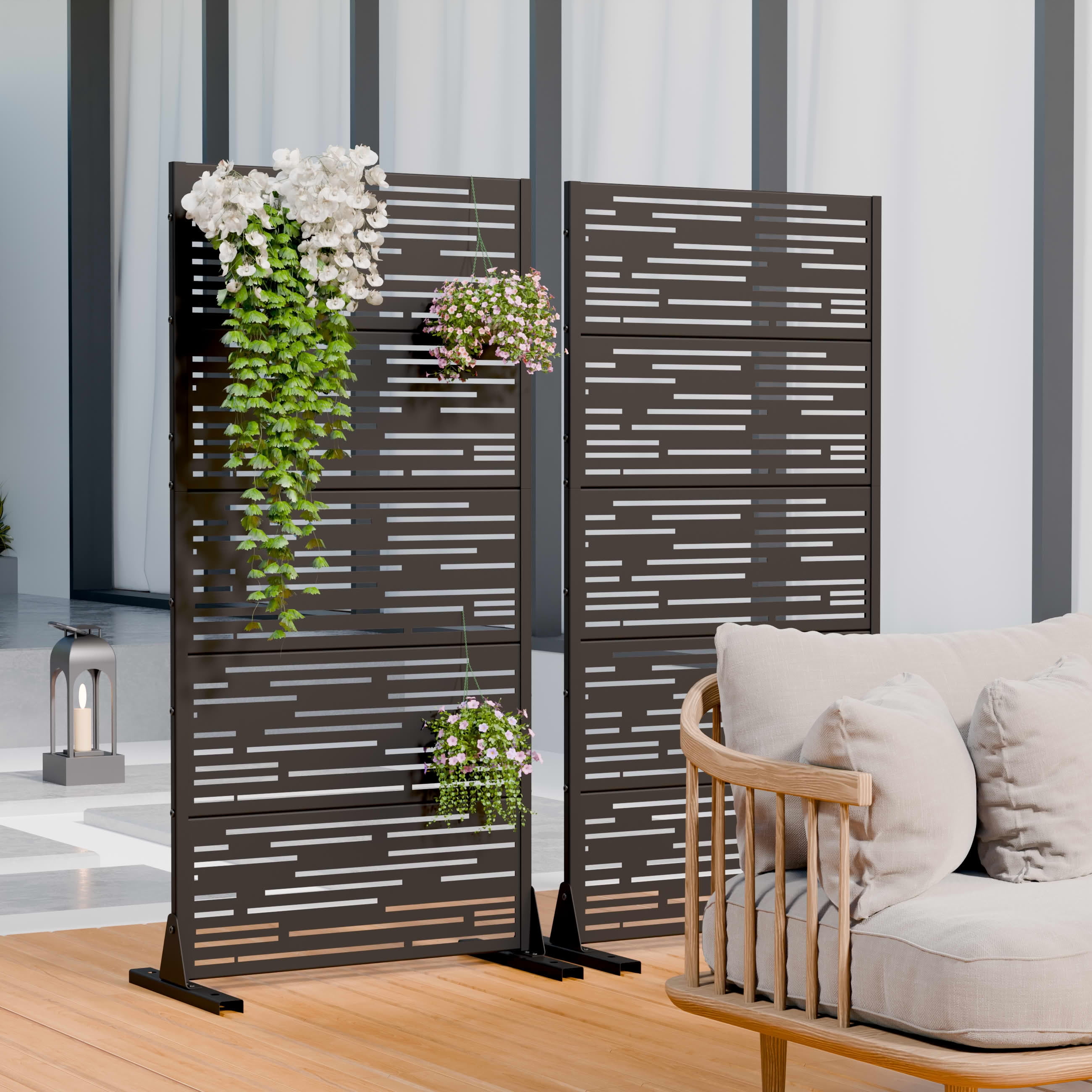 MAYEERTY 2-Piece Outdoor Metal Privacy Screen 5ft Black, 5-Panel Light & Shadow Pattern, Rust-Resistant for Garden