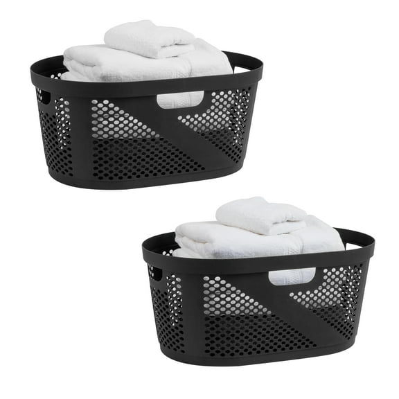 Mind Reader 40L Laundry Basket, Clothes Hamper, Lid, Ventilated, Plastic, 23"L x 14.5"W x 10.5"H, Set of 2, Black