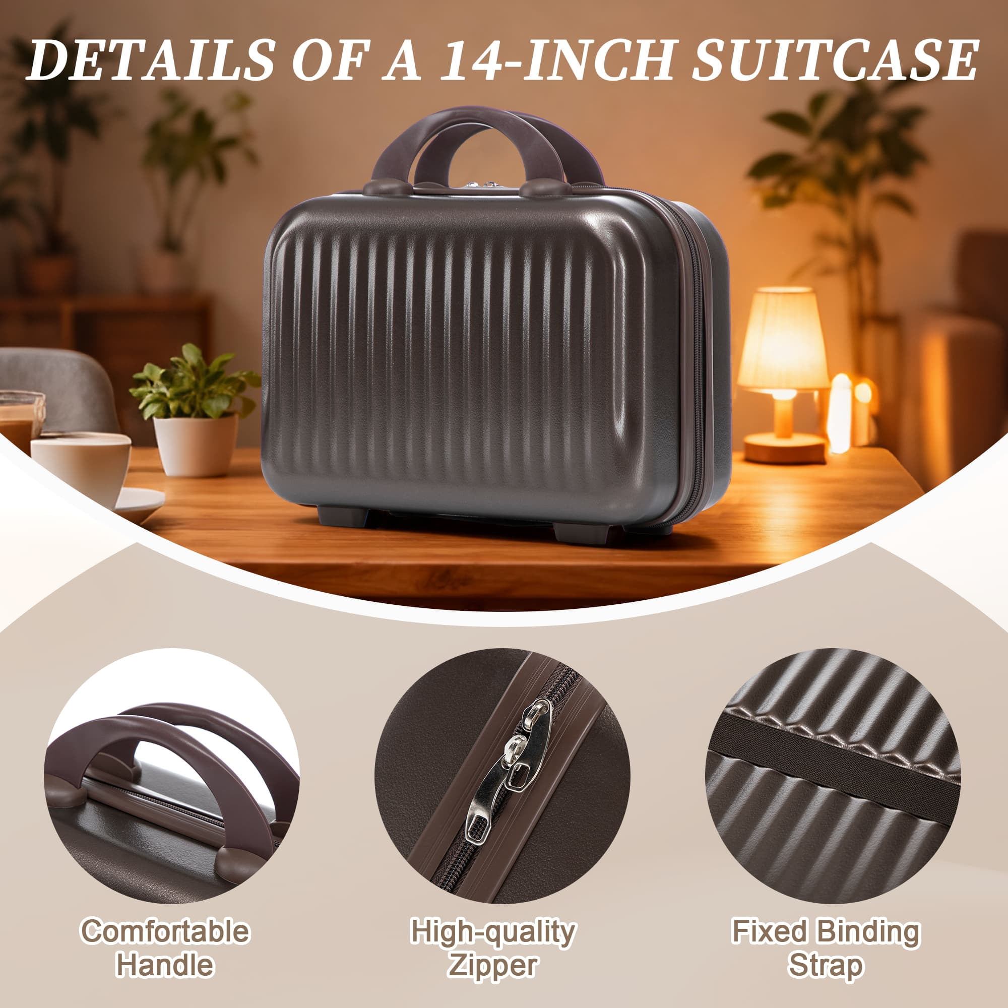 Leumius 2 Piece in ABS Spinner WheelLuggage Sets, HardsideSuitcase with CombinationLock,20 inch Carry OnLuggage 14 inch CosmeticCase,Brown