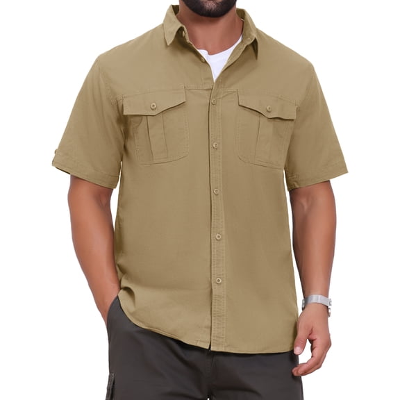 INSPIRE CHIC Men's Fishing Shirt Summer Short Sleeve Solid Hiking Cargo Shirts M Khaki