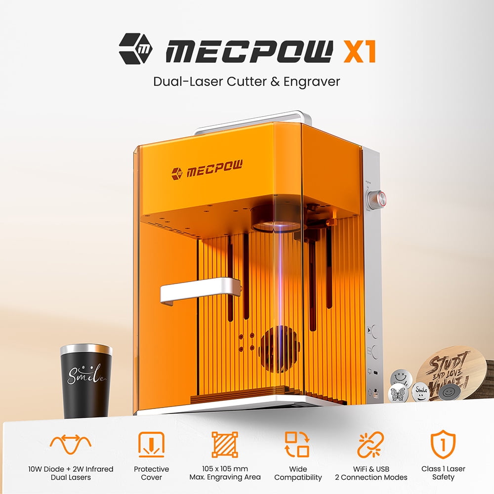 Mecpow X1 Dual-Source Engraving & Cutting Machine, 2W Infrared + 10W Diode, 5000mm/s High-Speed, Enclosed Design, 105×105mm