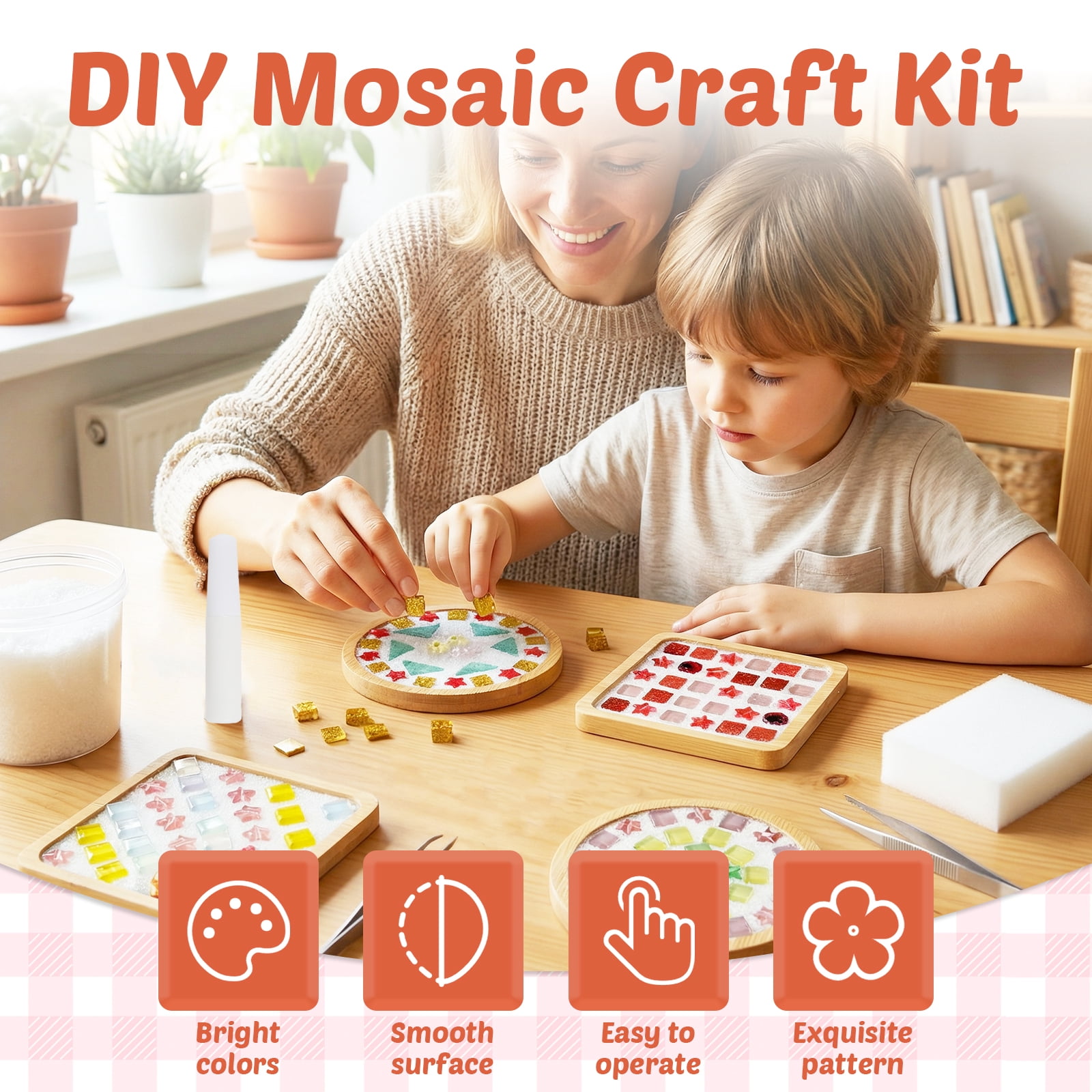 Austok 4Pcs DlY Mosaic Tile for Craft Mixed Color Glass Tile Kit with Bamboo Cup Pad for Adult DlY Cup Pad Kit Mosaic Supply for Handmade Home Decoration Present (Square and Round)