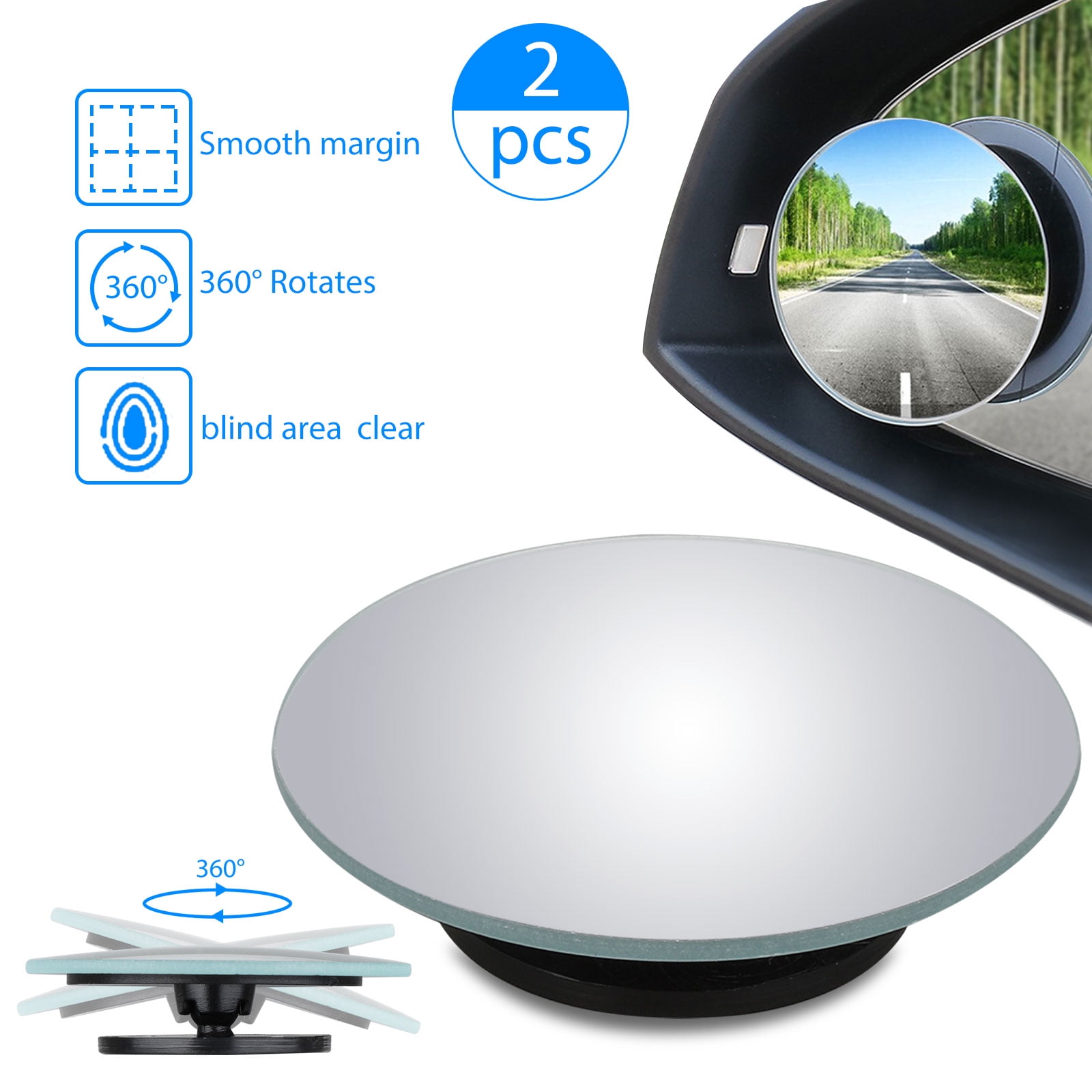 2X Blind Spot Mirror, Round HD Glass Frameless Convex Rear View Blind