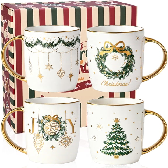 Natubeau Christmas Gifts for Ceramic Mugs, Christmas Mug Set of 4, Christmas Tree Wreath Mugs, Christmas Mugs Gifts, Birthday Gifts, White 11 fl oz Coffee Mugs Ceramic Mug Tea Cup