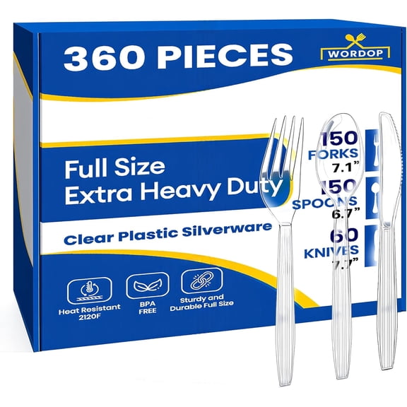 360 Count Extra Heavy Duty Plastic Silverware Set – Heat Resistant & BPA Free Disposable Cutlery 150 Forks, Spoons, 60 Knives Clear Premium Utensils for Parties Events
