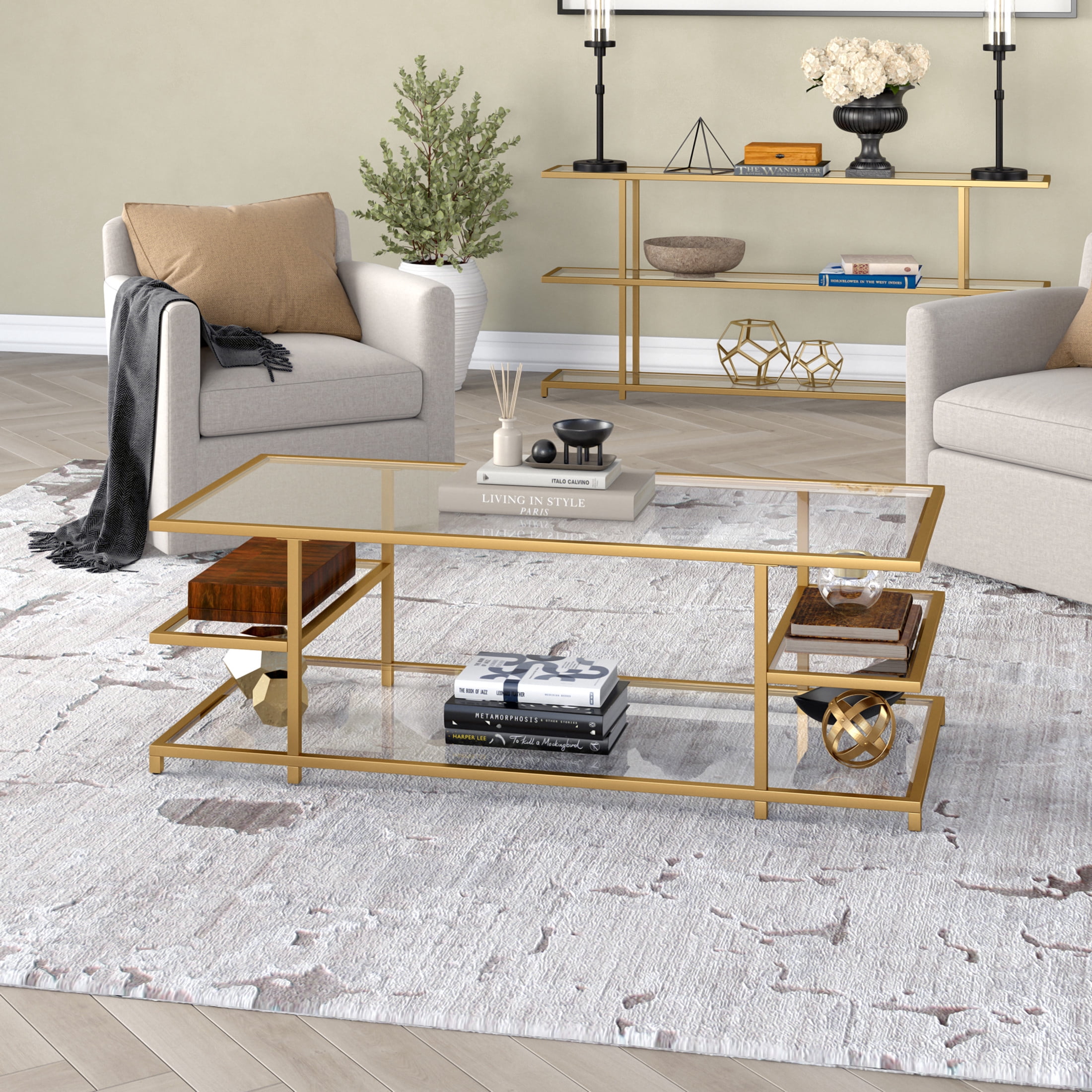 Evelyn&Zoe Modern/Contemporary 54" Wide Brass Coffee Table