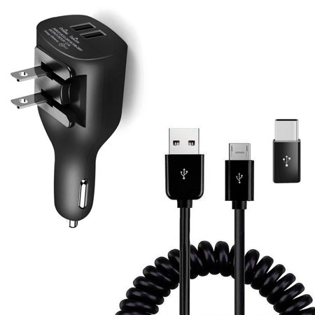 2-in-1 Car Home Charger Coiled USB Cable for Motorola Moto G 5G (2022 2023 2024 2025) Phone Models - Micro-USB to USB-C Adapter Charger Cord Power Wire Black Folding Prongs