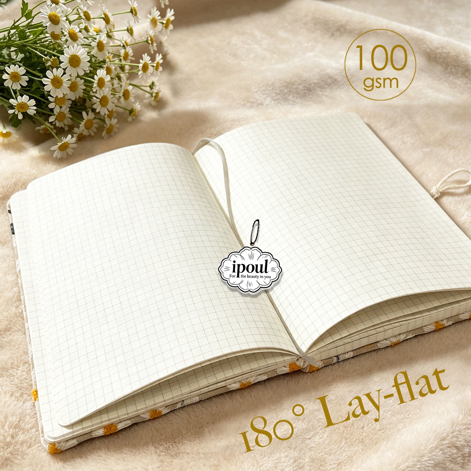 ipoul Graph Paper Notebook, Hardcover, Lay Flat, A5, 8"x6", Grid Paper, Flower Journal, Pretty, Daisy Gifts for Women, Blue