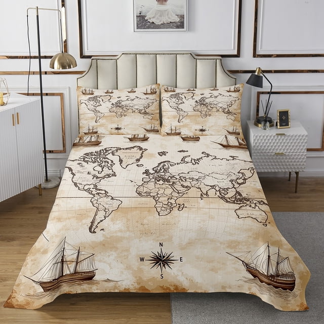 Erosebridal Retro Map Coverlet Set Twin, Nautical Sailboat Bedding Set, Ocean Theme Decor 2 Pieces