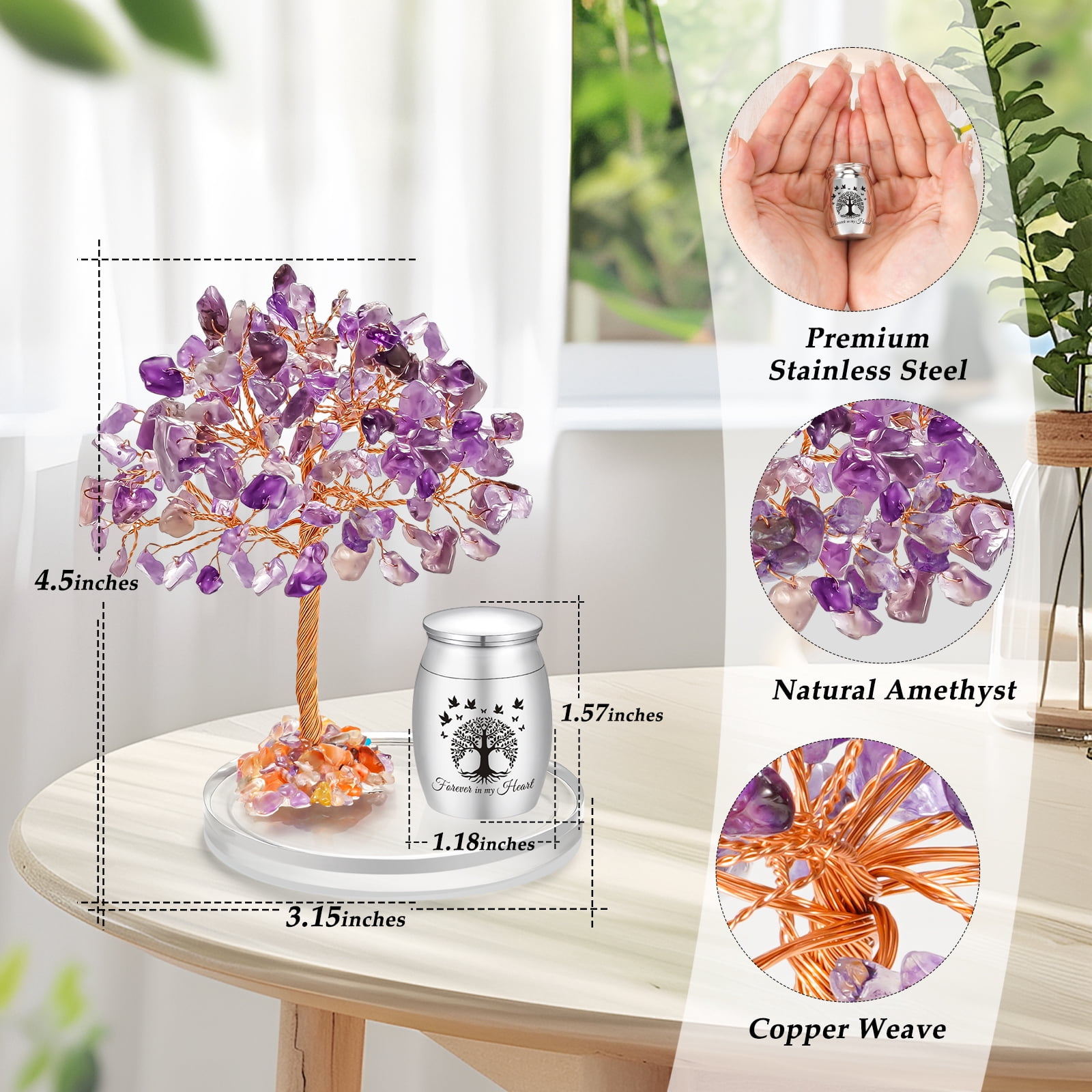 Small Urns for Human Ashes Cremation Keepsakes Urn Stainless Steel 1.57 inches Mini Urn for Human Ashes with Amethyst Crystal Tree Decorative Urn Tree of Life Cremations Ash Keepsake