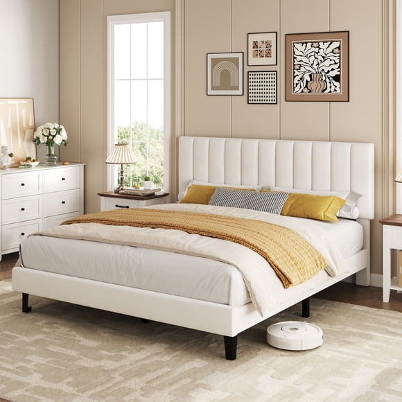 Upholstered Platform Bed Frame with Adjustable Tufted Headboard, Wooden Slats No Box Spring Needed, Noise Free Modern Bed for Bedroom, Twin Full Queen King, White Pink Black Green Blue