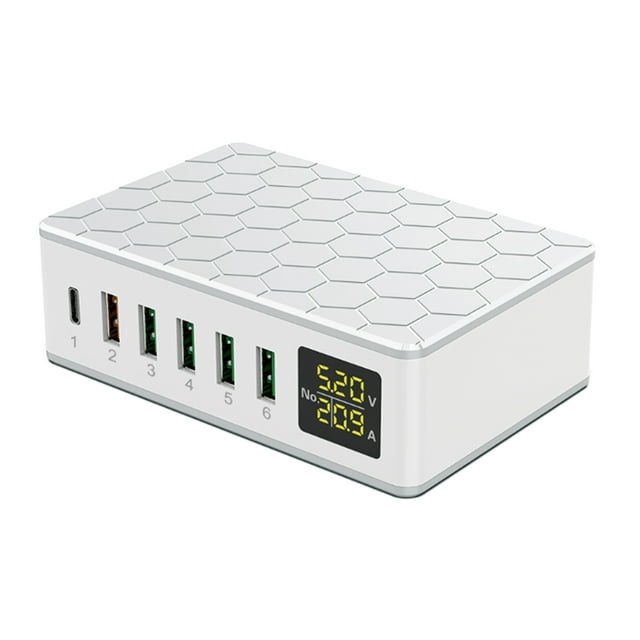 Mistaha High-Power 65W USB Charging Station with Type-C Port and 5 USB Ports, LED Display, White, US Plug - Ideal for Simultaneously Charging Multiple Devices