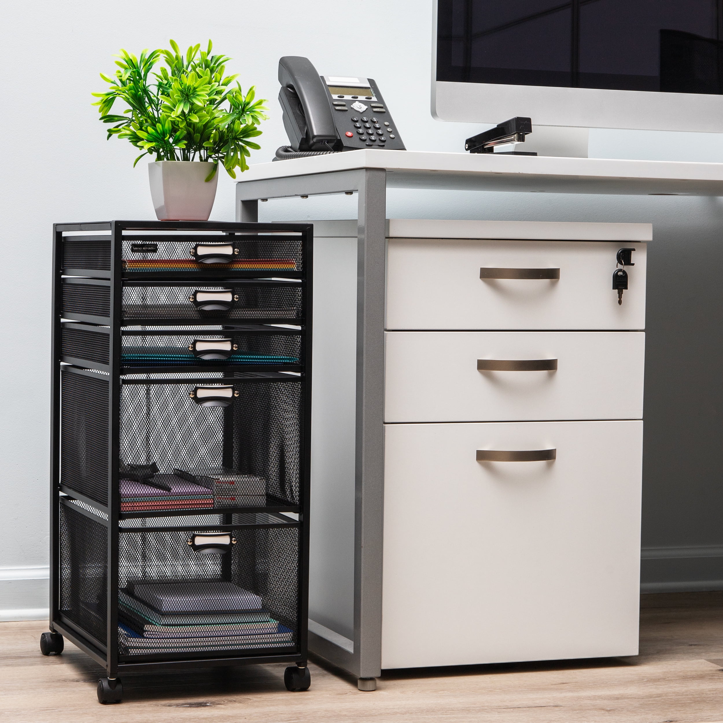 Mind Reader Vertical Office Storage Organizer with Mesh Drawers Label Holders and Optional Wheels, Metal Mesh, Black