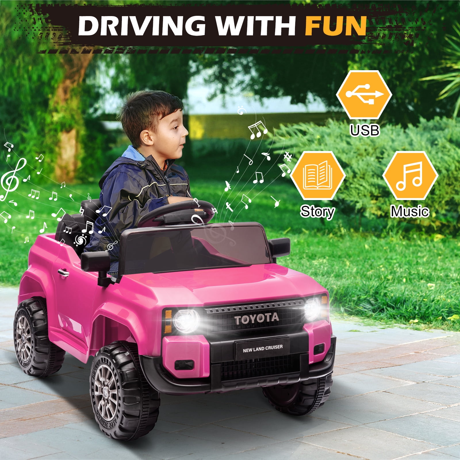 Winado Licensed Toyota 12V Kids Electric Ride On Car with Remote Control, Music, Lights, Pink