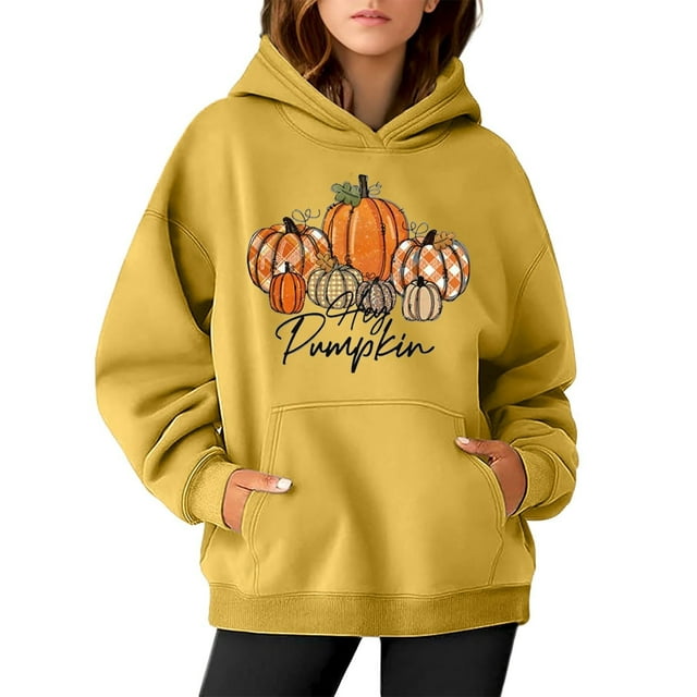 WEAIXIMIUNG Sweat à Capuche pour Femmes, Graphique, Imprimé Citrouille, Manches Longues, Décontracté, avec Poche