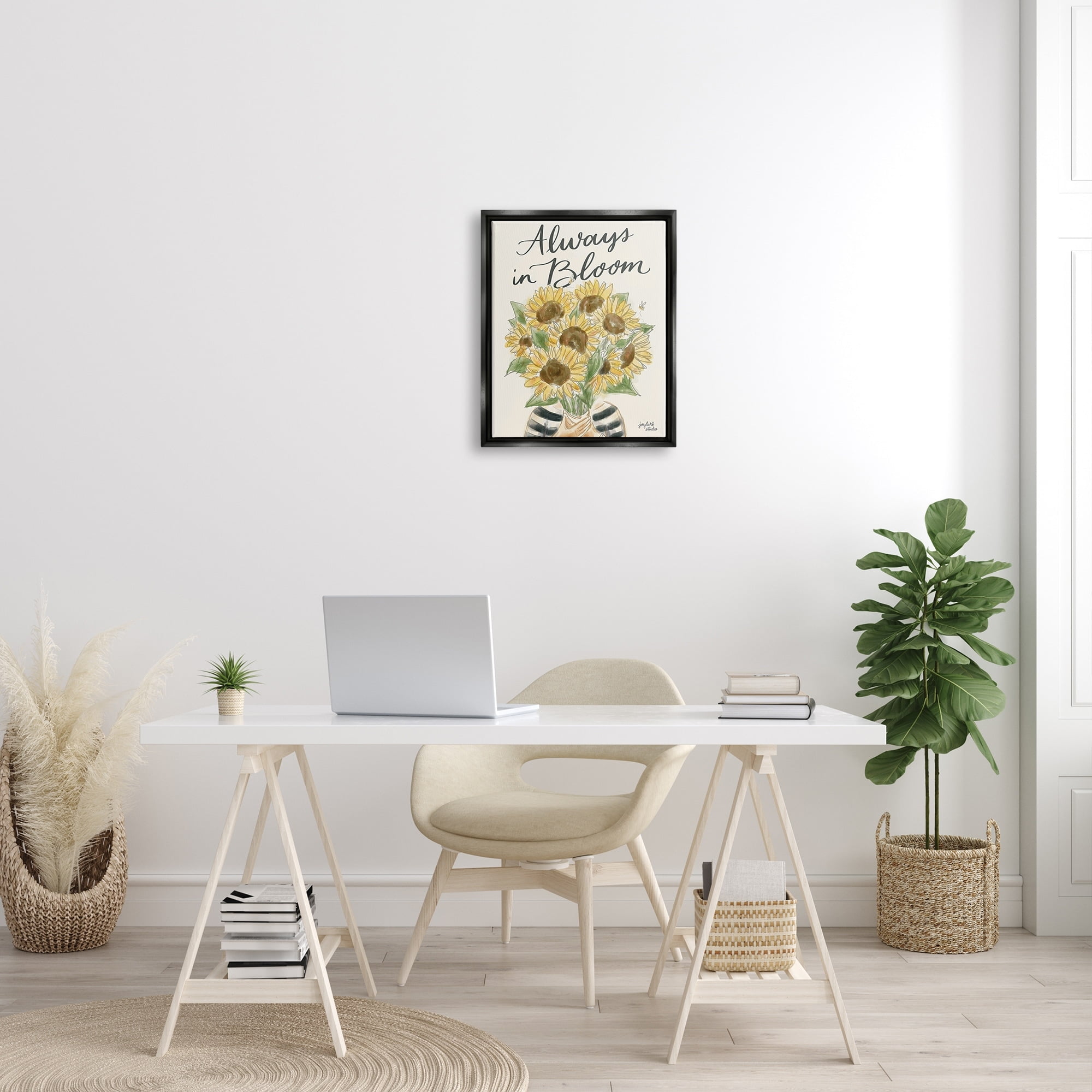 Stupell Industries Always In Bloom Person Holding Sunflowers Calligraphy Graphic Art Jet Black Floating Framed Canvas Print Wall Art, Design by Jess Baskin