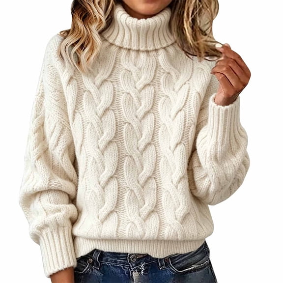BODOAO Women's Cable Knit Turtleneck Sweater Long Sleeve Chunky Knit Pullover with Ribbed Mock Neck Cuffs and Hem Women's Loose Fit Winter Sweater Top Pullover Top Beige L
