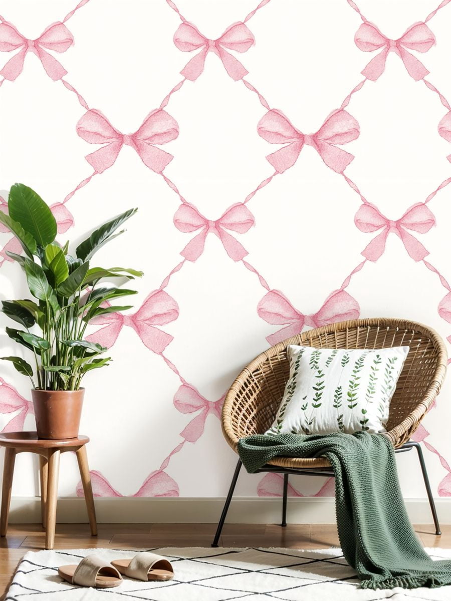 Peel and Stick Wallpaper Soft Pink Bow Delicate Ribbons Light Wall Mural 23.6in x 9.8ft Self Adhesive Removable Wall Paper Renter Friendly Wallpaper for Nursery Bedroom Cabinets