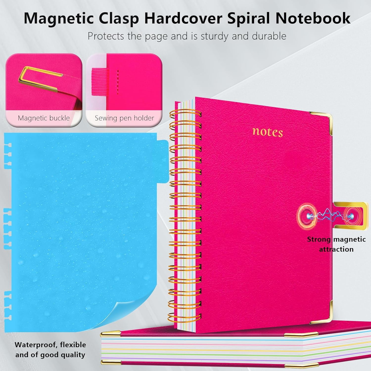 Hardcover Spiral Notebook College Ruled, 8"x10" Leather Journal Notebook with Magnetic Closure, 300 Pages 5 Subject Notebook with Dividers Tabs Journal for Women Men, Work, School(Rose Red)